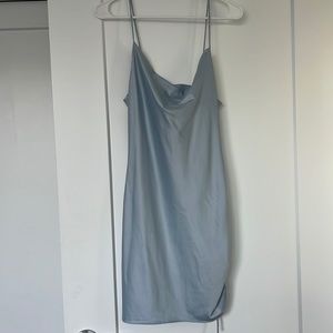 Women’s icy blue mid length dress with adjustable side